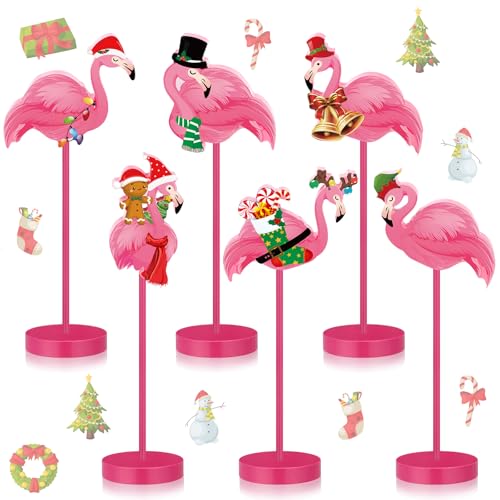 Wenqik 6 Pcs Pink Flamingo Decor Christmas in July Flamingo Table Decorations Xmas Summer Flamingo Party Decoration Centerpieces Wooden Tall Standing Block Sign Set for Home Office Desk Supplies