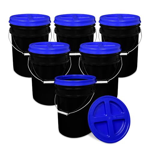 Image of ePackageSupply 5 Gallon Bucket - Food Grade w /Lid BPA-Free, Black /Blue, 6 | Airtight Gamma Seal Screw-On Lid, Heavy-Duty 90 Mil HDPE Plastic, Food Safe and Durable Container, Bulk Storage, Made in USA