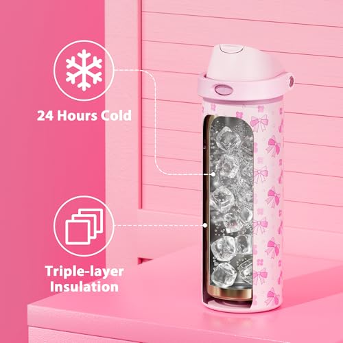 Image of 24 oz Insulated Water Bottle for Women: Meoky Stainless Steel Water Bottle with 2-in-1 Straw and Spout Lid - Leak Proof, Cold for 24 Hours, Fits in Car Cup Holder, BPA-Free for Sports Travel, Ribbonie
