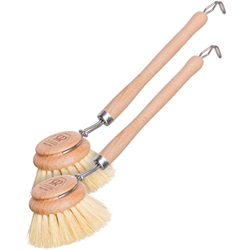 Image of Redecker Dish Brush, Tampico Fiber, 2 Inch Round, 2 Pack - Wooden Dish Scrub Brushes for Dishes & Cookware, Untreated Beechwood, Made in Germany