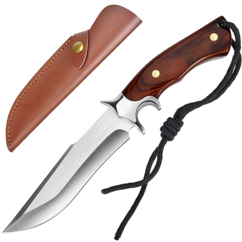 Astylway Outdoor Fixed Blade D2 Steel Knife with Wooden Handle - Red Brown Survival Knife with Leather Sheath for Men - Camping, Hiking, Adventure