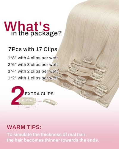 Image of Moresoo Seamless Clip in Hair Extensions, Platinum Blonde, PU Skin Weft | Human hair clip in extensions, 18inch 120g 7pcs, for content creators and photo shoots, for camera-ready styling