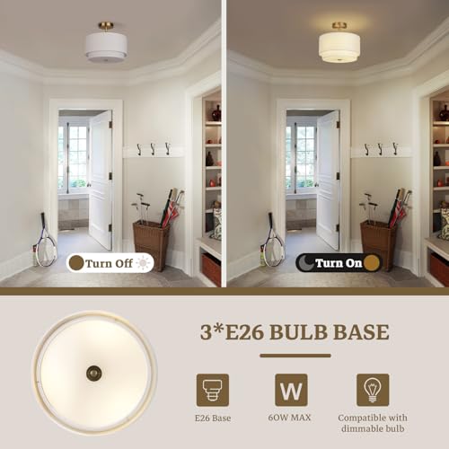 Image of Vexagyle Gold Light Fixtures Ceiling Mount,12.6'' Semi Flush Mount Ceiling Light Fixtures,Nursery Light Fixture with 2-Layer White Shade,Modern Drum Ceiling Lights for Bedroom,Living Room,Hallway