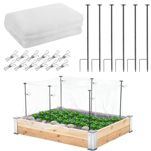 Metal Garden Netting Kit, 6 Pack 2.6ft Raised Garden Bed Net Support Stakes with 10´×13´ Fine Mesh Insect Netting 12pcs Clips Bird Barrier Screen Cover for Protect Plant Vegetable Row from Animals Bug