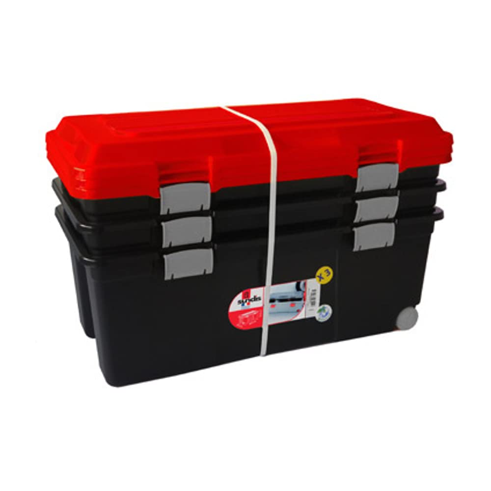 Sundis Lot de 3 Camper 75L. Malle de Rangement Cadenassable avec Roulettes et Couvercle Clipsable Noir et Rouge
