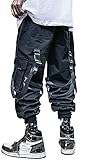 MOKEWEN Men's Ribbon Straps Studded Techwear Jogger Punk Ankle Cargo Pants Black 36-38