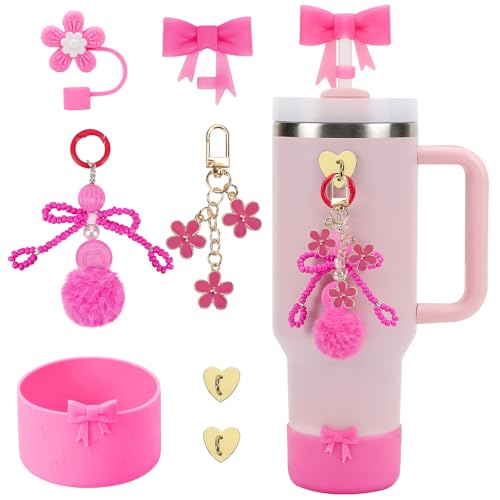 POVESTE 6PCS Tumbler Accessories Set for Stanley Cup 30oz 40oz, 2 x Straw Topper Cover Cap, Bowknot Keychain Charm, Daisy Keychain Charm, Silicone Bow Boot
