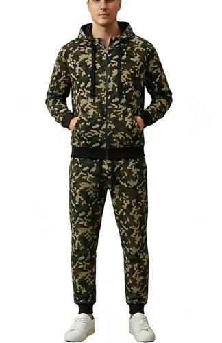 W JIANWANG Survêtement Homme Sweat à Capuche Coton Jogging Homme Athlétique Confortable Tracksuit, Vert camouflage., M