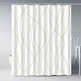 Punkray Beige Khaki Shower Curtain for Bathroom with Hooks, Extra Long Shower Curtain Set Stripe Bath Curtains Decorative White Shower Curtains Weighted Hem Water Repellent Washable, 72x72