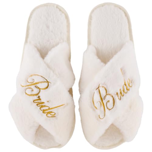 Bride Slippers for Wedding Day, Embroidery Bride To Be Bridal Shower Gift for Women Bridesmaids, Personalized Bride Open Toe Fuzzy Flip Flops, Getting Ready Outfit, Bachelorette Party Gift
