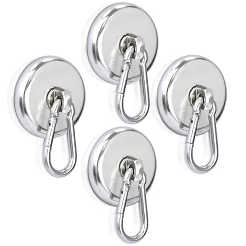 FPMYB 4 ganchos magnéticos extra fuertes, imanes de neodimio de 42 mm con mosquetón, ganchos magnéticos, 50 kg, giratorio 360°, ganchos magnéticos para cocina, camping, garaje, oficina, imán de nevera
