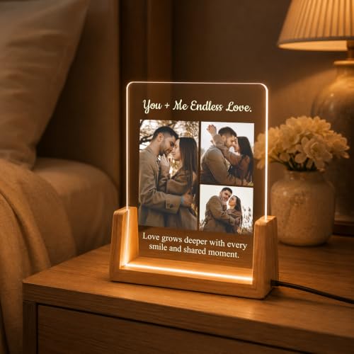 Image of Giftplease Personalized LED Acrylic Photo Frame with Custom Photos & Text | Engraved Acrylic Picture Lamp with Wooden LED Base | USB Night Light | Anniversary, Wedding, Birthday, Couple, Family, Decor