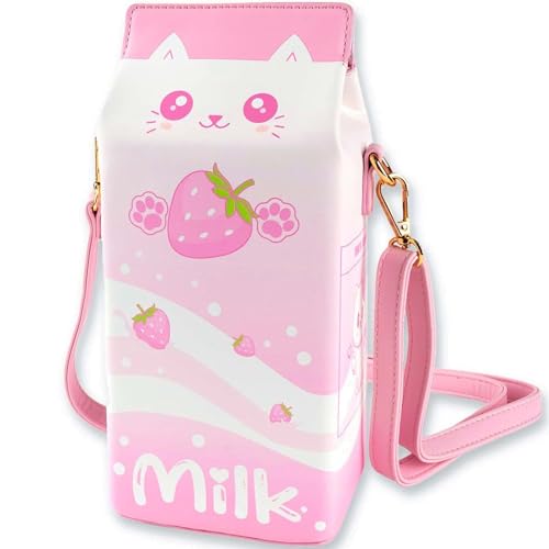 BelugaDesign Strawberry Milk Cat Purse | Pink Pastel Kawaii Anime Ears Paws Crossbody Bag Handbag | Cute Cartoon Faux Leather Carton Shape for Women with Removable Adjustable Strap