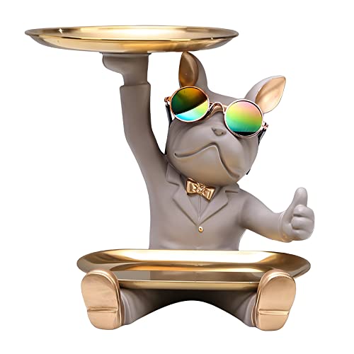 Statua Di Bulldog Francese Scultura Di Cane In Resina,Statua Di Maggiordomo Con 2 Vassoi,Chiave,Caramelle, Vassoio Per Orecchini Gioielli, Decorazioni Per La Tavola Decorazioni Per La Casa (Grigio)