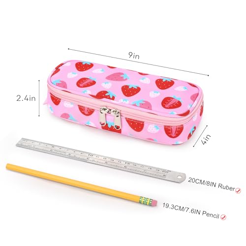 Image of mibasies Girls Pencil Case for Kids, Multi-Slot Pencil Pouch, Assorted Strawberry Red