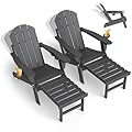 GREENVINES Adjustable Adirondack Chair with Retractable Ottoman Set of 2 | Folding | HDPE Plastic | Fire Pit Chairs w/Foot Rest | 2 Cup Holders | Grey | for Outdoor Patio Poolside Deck