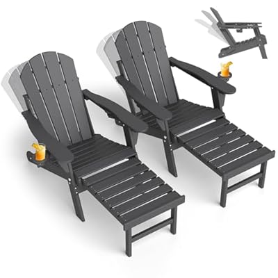 GREENVINES Adjustable Adirondack Chair with Retractable Ottoman Set of 2 | Folding | HDPE Plastic | Fire Pit Chairs w/Foot Rest | 2 Cup Holders | Grey | for Outdoor Patio Poolside Deck