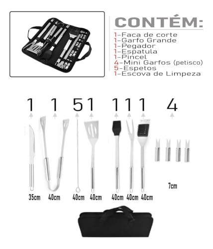 Kit Conjunto Profissional para Churrasco em Aço Inox com maleta 15 peças
