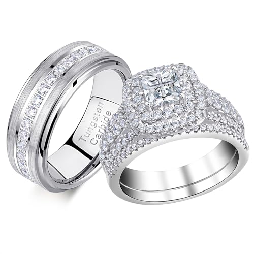 Newshe Jewellery Wedding Rings Set for Him and Her Women Mens Tungsten Bands Princess Cross Sterling...