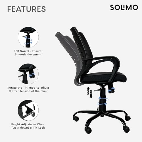 Image of Amazon Brand - Solimo Worklo Mid Back Office Chair for Work from Home | Study | Revolving | Computer (Heavy Duty Powder Coated Metal Base, Stylish Black Mesh)