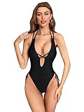 WDIRARA Women's Cut Out Deep V Neck Crisscross Tie Side One Piece Swimsuit Monokini Swimwear Black M