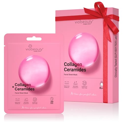 VIABEAUTY 8 Pack of Collagen Face Mask with Ceramides - Rejuvenating Facial Sheet Mask, Reduce Wrinkles & Fine Lines - Face Masks Skincare Moisturizing Collagen Mask for All Skin Types