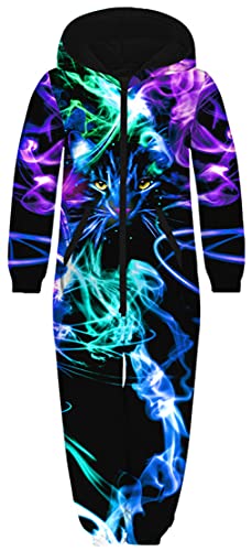 Ocean Plus Unisexe Enfant Grenouillère Garçon Combinaison à Manches Longues avec Fermeture éclair et Capuche en Polaire Impression Numérique pour Fille (Hauteur: 145-150cm, Tigre fumé Multicolore) Cover