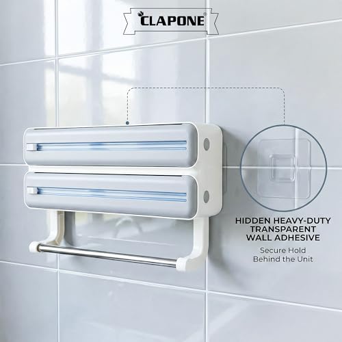 Image of Foil Paper Cutter and Holder Aluminium Foil and Plastic Wrap Organizer with Paper Towel Holder Compatible with Cling Film Tin Foil and Wax Paper Plastic Wrap Dispenser Cutter (Grey, Dual Layer)