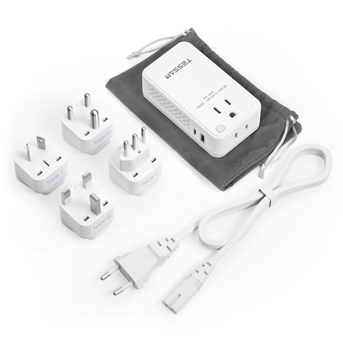 Compact 220V to 110V Voltage Converter US to Europe, TESSAN Universal Travel Adapter with 2 AC Outlets and 2 USB (1 USB-C), 200W Small Power Converter with EU/UK/AU/IT/India Plugs for Travel