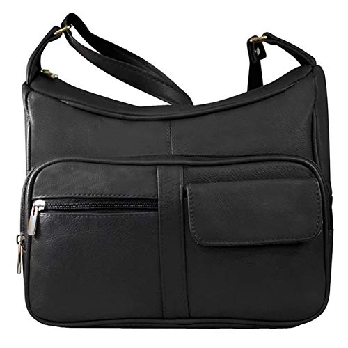 SILVERFEVER Medium Leather Handbag | Ladies Shoulder Bag | Organizer w Built in Wallet (Black)
