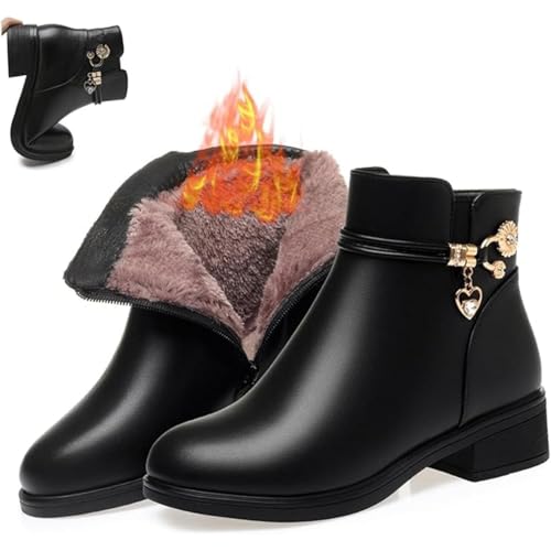 Women's Genuine Leather Wool Orthopedic Boots,Winter Warm Low Block Heel Snow Booties Leather Side Zipper Sparkling Rhinestones Waterproof Orthopedic Warm Boots