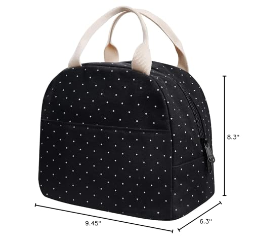 EurCross Upgraded Compact Black Lunch Bag for Girls Women,Canvas Reusable Insulated Polka Dot Lunch Tote Box Bag for Work School