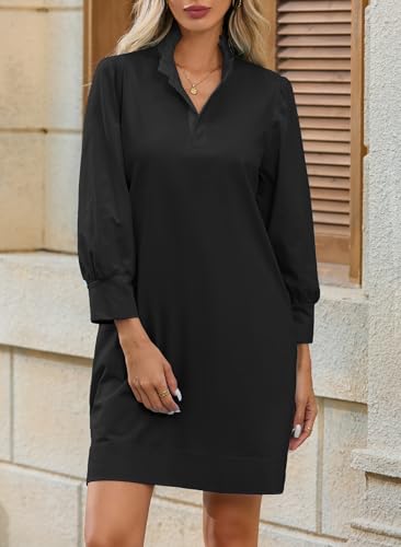 Ladyful Shirt Dress for Women Casual Ruffle Mock Neck Puff Long Sleeve Shift Dress Elegant Loose Mini Dresses with Pockets4