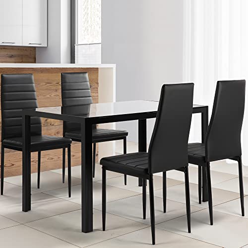 JOYBASE5 Piece Dining Table Set, Tempered Glass Top Table with 4 Leather Chairs, Kitchen Dining Furniture, Black
