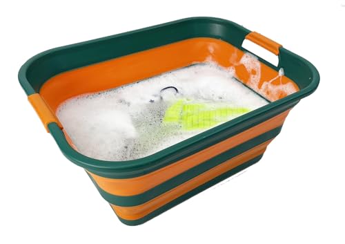 Image of SAMMART Collapsible Plastic Laundry Basket with Handle /Foldable Pop Up Storage Hamper /Portable Laundry Organizer-Space Saving Washing Tub /Household Storage (Teal Green /Autumn leaf, 42L)