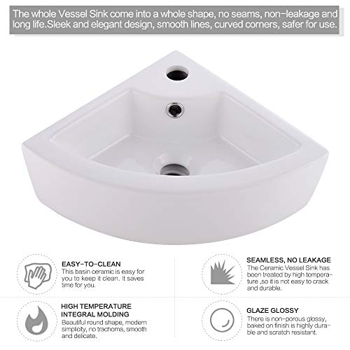 Vokim Small Corner Wall Mount Bathroom Sink And Faucet Combo With Overflow White Porcelain Ceramic Above Counter Mini Vanity Vessel Sink With Chrome Faucet And Pop-Up Drain Combo #TOP6