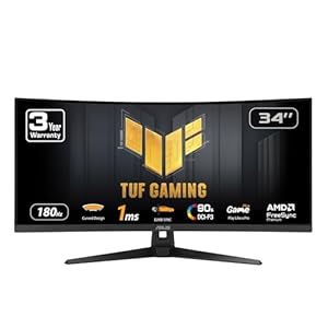 ASUS TUF Gaming 34” Ultra-Wide Curved Monitor (VG34VQ3B) – 21:9 QHD (3440×1440), 180Hz, 1ms, Extreme Low Motion Blur Sync, FreeSync Premium, Speaker, 90% DCI-P3, DisplayWidget Center, 3 yr Warranty