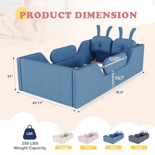 Image of Twin Bed Frame for Kids, Floor Platform Bed Rabbit, Blue