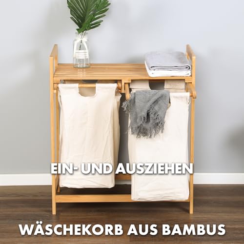 Floordirekt Cesto de bambú para la colada con 2 compartimentos, para la ropa sucia, de madera, con gran cesta para la colada (Dakota) (64 x 33 x 73 cm) - imagen 2