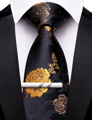 Image of Barry.Wang Floral Ties for Men Flower Necktie with Tie Clip Formal