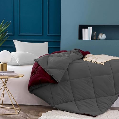 Image of Filbert 600 GSM Comforter for Double Bed | Super Warm Winter Quilt /Rajai | Thick Microfiber Blanket with Cloud-Soft Fill | Luxury Bedding for Winters - 90x100 Inch | Wine /Dark Grey