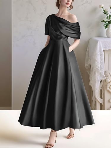 Tea Length Satin Mother of The Bride Dresses for Women Wedding One Shoulder Formal Evening Gown with Pocket4