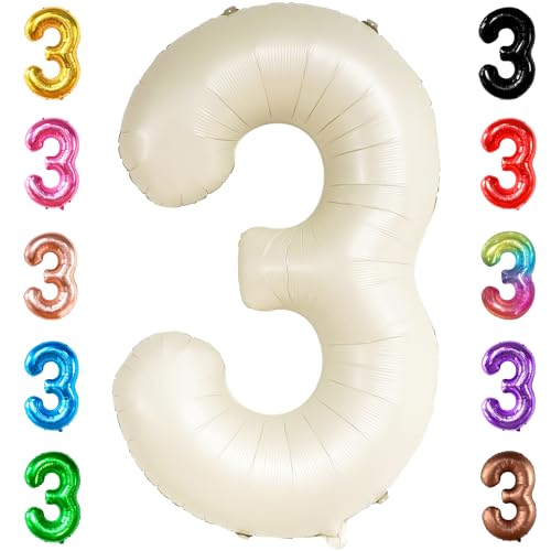 Image of KatchOn Cream White Number 3 Balloon Neutral 40 Inch | Three Balloon, 3 Balloon Number for Young Wild and Three Birthday Decorations Girl 3 Foil Balloons, 3 Anniversary Decorations