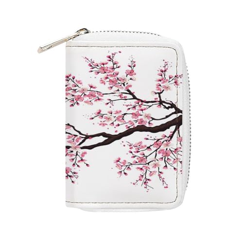 Women Leather Coin wallet, Key Change Organizer Zipper Card Holder Purse Clutch Pouch Pocket 4.5x3.15 in Print Pink Cherry Blossom