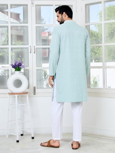 Image of See Designs Men's Full Sleeve Mandarin Collar Embroidered Thread Work Sequinned Rayon Straight Long Kurta - Festive Collection