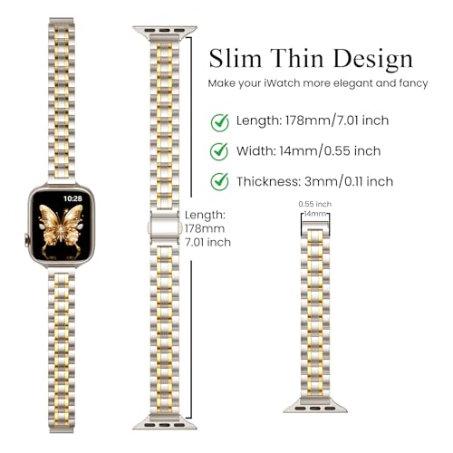 Image of STIROLL Thin Replacement Band Compatible for Apple Watch 49mm 46mm 45mm 44mm 42mm(Series 3 2 1), Stainless Steel Metal Wristband Women Men for iWatch Ultra SE Series 11 10 9 8 7 6 5 4, Starlight Gold