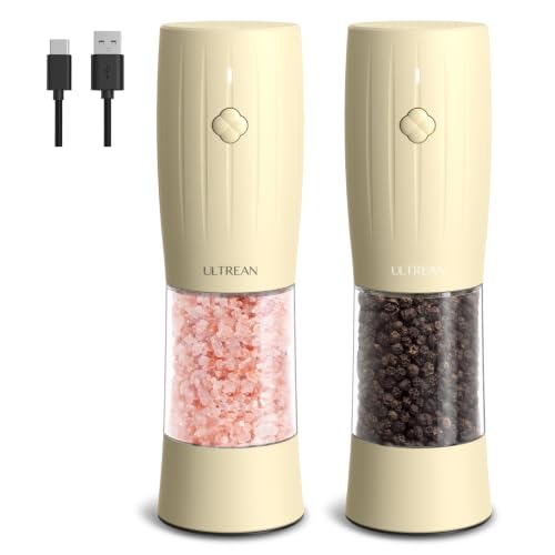 Ultrean Electric Salt and Pepper Grinder Set, USB-C Rechargeable, Salt and Pepper Shakers Spice Mill with 6 Adjustable Coarseness LED Light Larger Capacity, Kitchen Gadget, Gift for Women Mom, Cream
