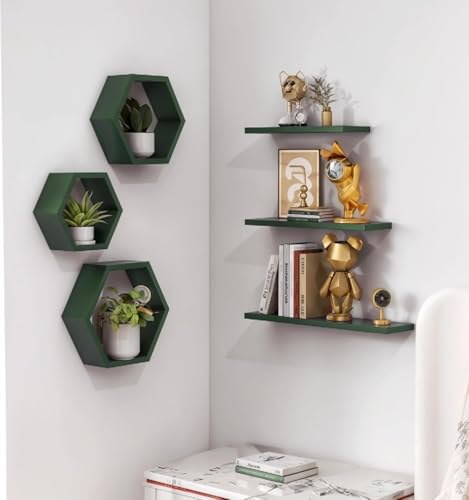 Image of Wooden Floating Wall Mounted Set of 6 Hexagon Shelves Display Shelf for Photos, Plants, Rustic Honeycomb Shelves for Living Room, Bedroom, Bathroom, Kitchen, Office (Green)