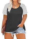 DOLNINE Women's Plus Size T-Shirt Short Sleeve Raglan Striped Tops Tunic Dark Grey-24W