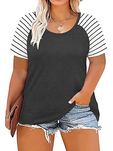 DOLNINE Women's Plus Size T-Shirt Short Sleeve Raglan Striped Tops Tunic Dark Grey-22W